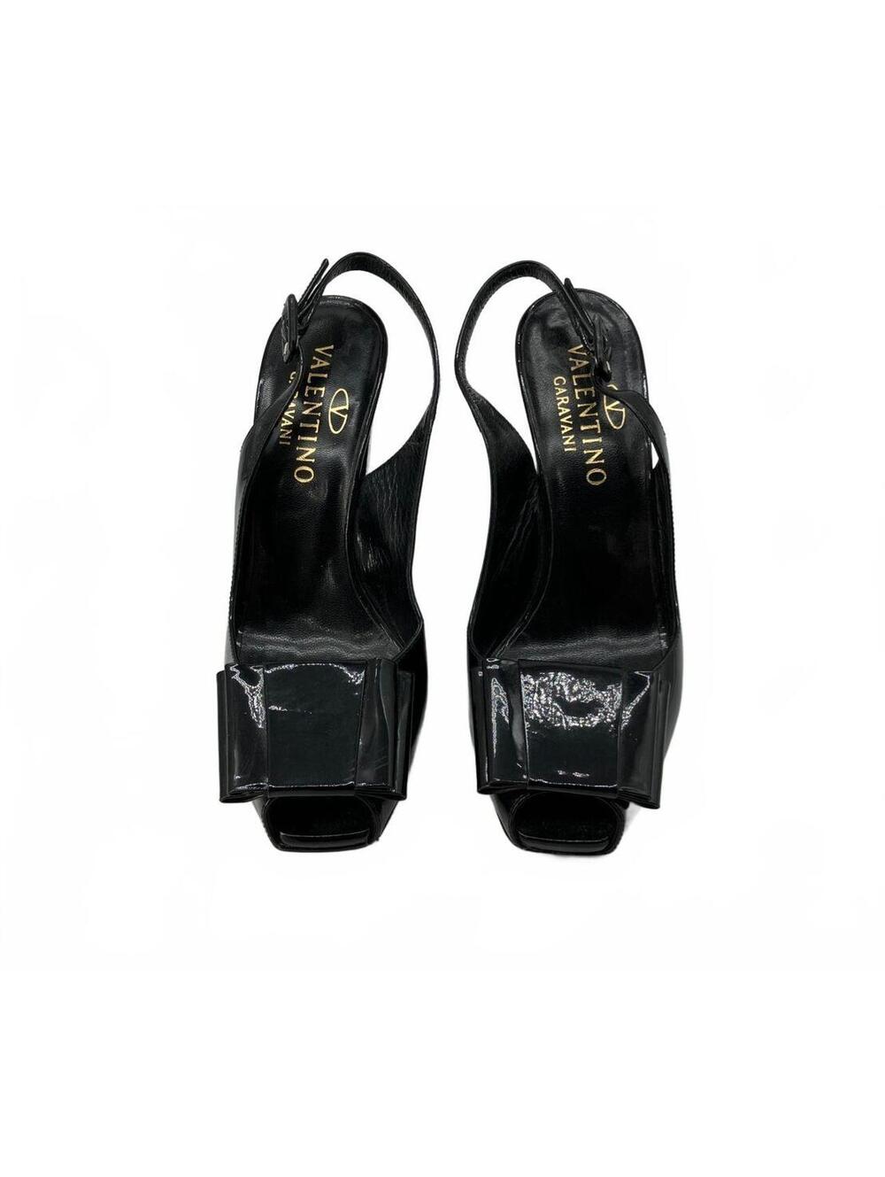 Valentino Garavani Size 37.5 Black Patent Leather Peep Toe Slingback Heels